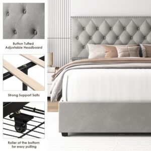 HOSTACK King Size Bed Frame with 4 Storage Drawers, Modern Upholstered Platform Bed with Adjustable Headboard,Button Tufted Bed Frame with Wood Slat Support,No Box Spring Needed(Grey, King)