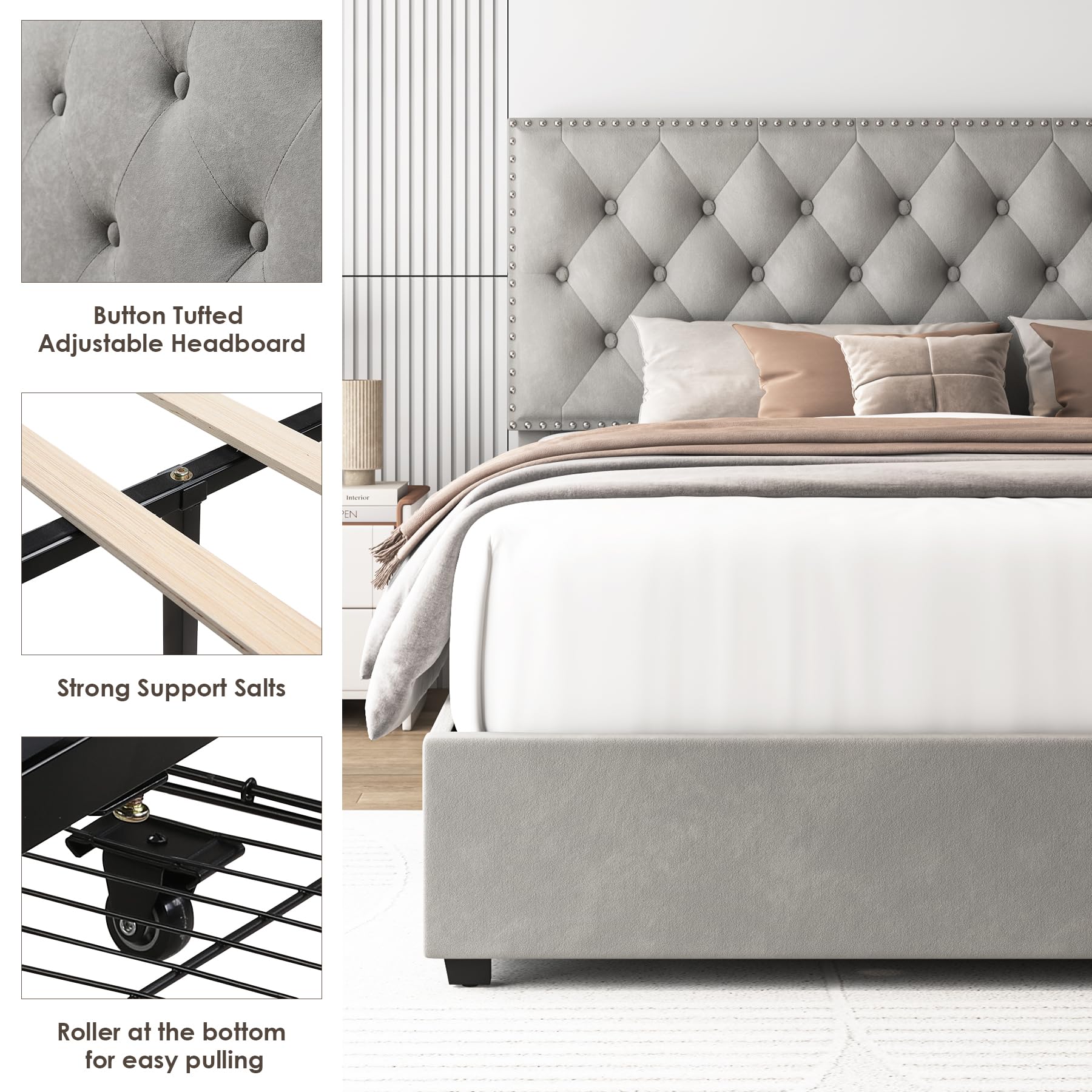 HOSTACK King Size Bed Frame with 4 Storage Drawers, Modern Upholstered Platform Bed with Adjustable Headboard,Button Tufted Bed Frame with Wood Slat Support,No Box Spring Needed(Grey, King)