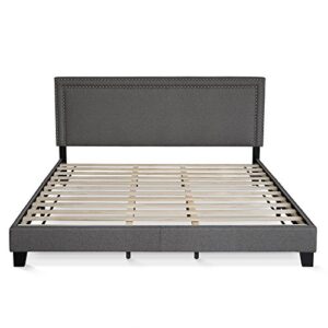 Furinno Laval Double Row Nail Head Upholstered Platform Bed Frame, King, Stone