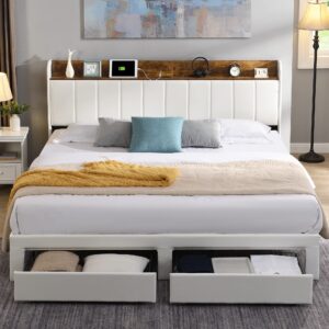 xkloger upholstered bed frame king size with headboard, platform king bed frame with storage drawers & charging station, no box spring needed/noise free/heavy duty/white