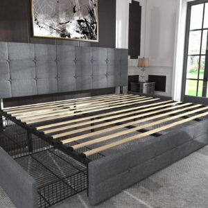 Allewie Upholstered King Size Platform Bed Frame with 4 Storage Drawers and Headboard, Square Stitched Button Tufted, Mattress Foundation with Wooden Slats Support, No Box Spring Needed, Light Grey