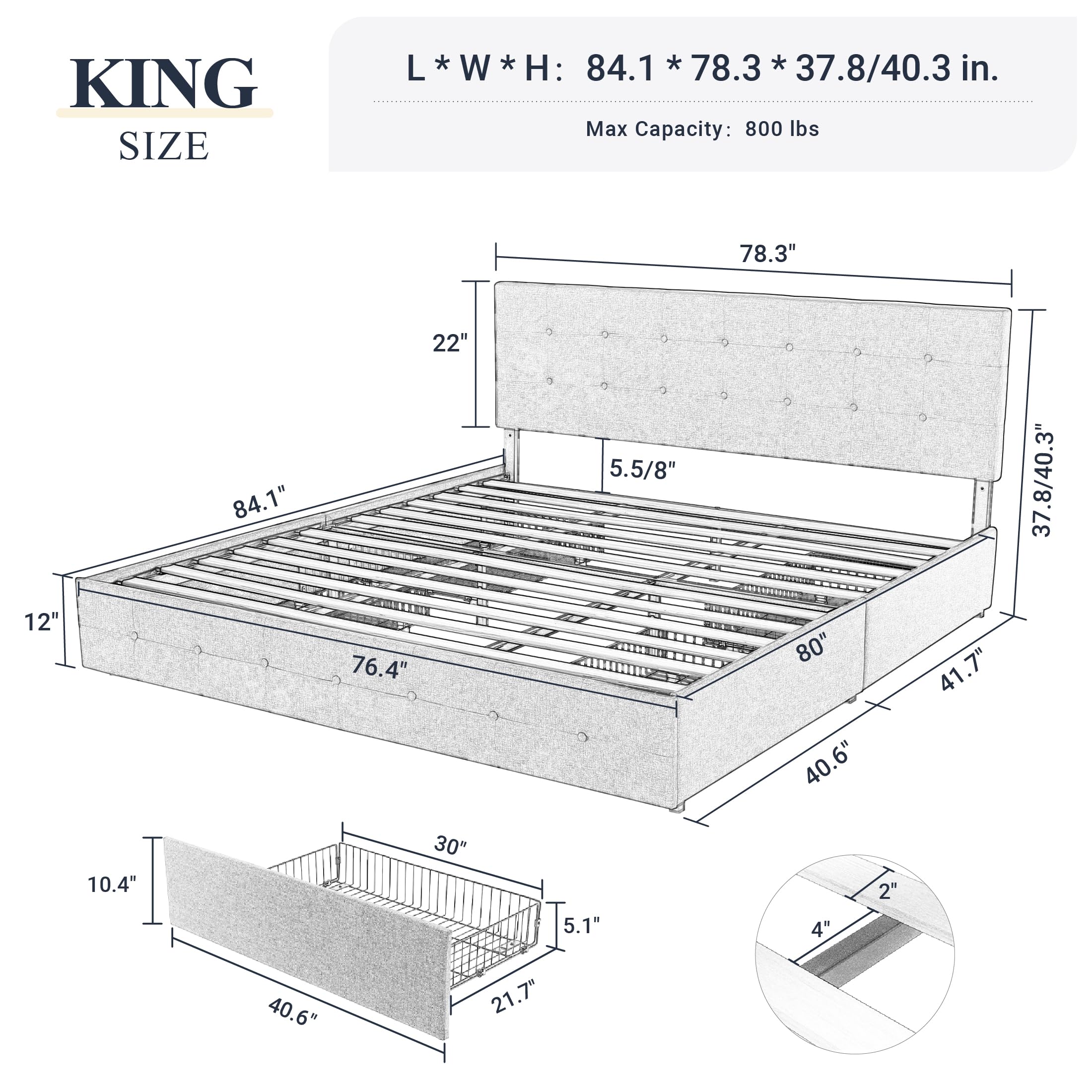 Allewie Upholstered King Size Platform Bed Frame with 4 Storage Drawers and Headboard, Square Stitched Button Tufted, Mattress Foundation with Wooden Slats Support, No Box Spring Needed, Light Grey