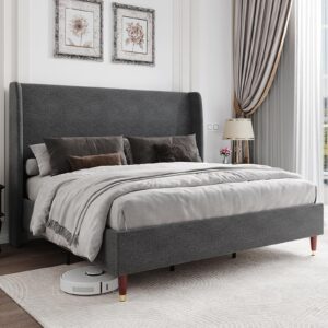 jocisland king size bed frame upholstered bed frame king platform bed with wingback headboard/no box spring needed/easy assembly/dark grey