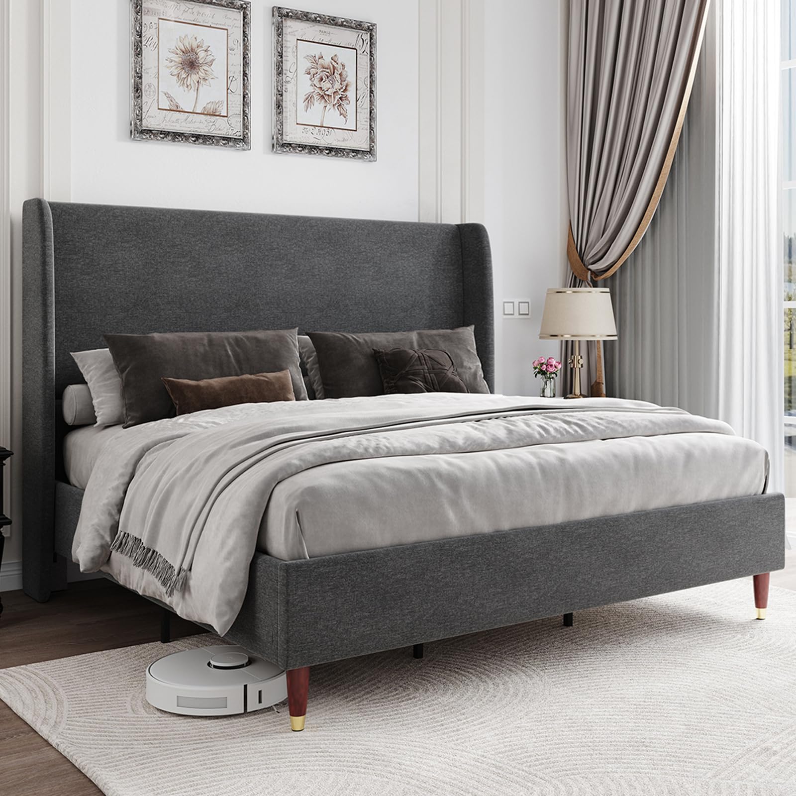 Jocisland King Size Bed Frame Upholstered Bed Frame King Platform Bed with Wingback Headboard/No Box Spring Needed/Easy Assembly/Dark Grey