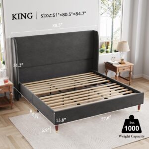 Jocisland King Size Bed Frame Upholstered Bed Frame King Platform Bed with Wingback Headboard/No Box Spring Needed/Easy Assembly/Dark Grey