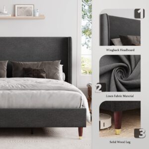 Jocisland King Size Bed Frame Upholstered Bed Frame King Platform Bed with Wingback Headboard/No Box Spring Needed/Easy Assembly/Dark Grey