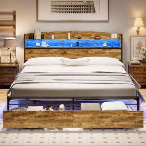 BTHFST King Size Bed Frame with RGB Light Headboard, USB-C/A Charging Station, Metal Platform Bed with Storage Drawers, King Bed Frame, No Box-Spring Needed, Vintage Brown & Black