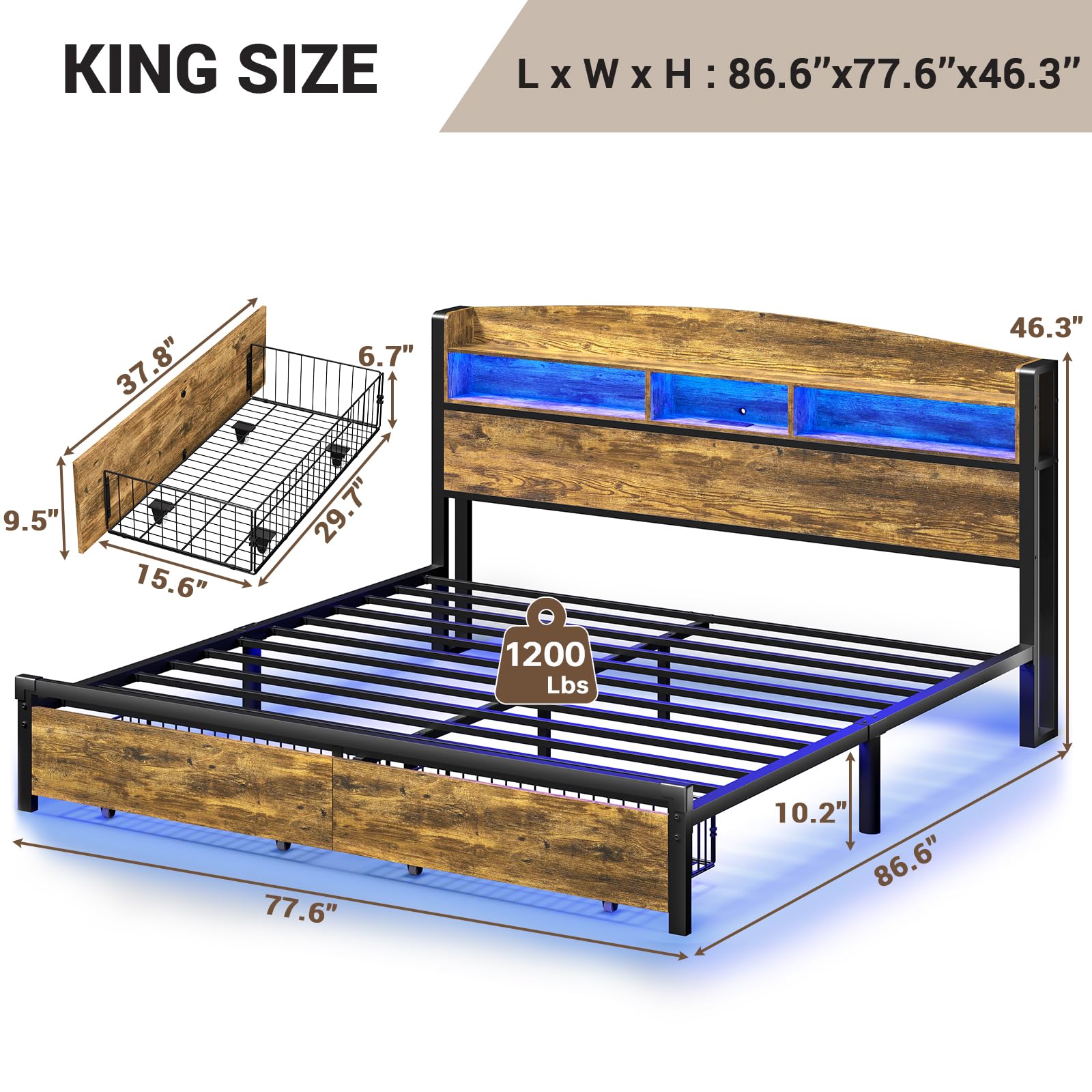 BTHFST King Size Bed Frame with RGB Light Headboard, USB-C/A Charging Station, Metal Platform Bed with Storage Drawers, King Bed Frame, No Box-Spring Needed, Vintage Brown & Black