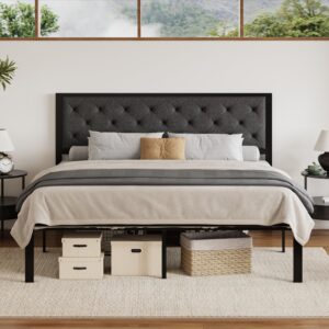 sha cerlin king size metal platform bed frame with linen fabric upholstered button tufted headboard, mattress foundation with 12.4” storage, no box spring needed, easy assembly, dark grey