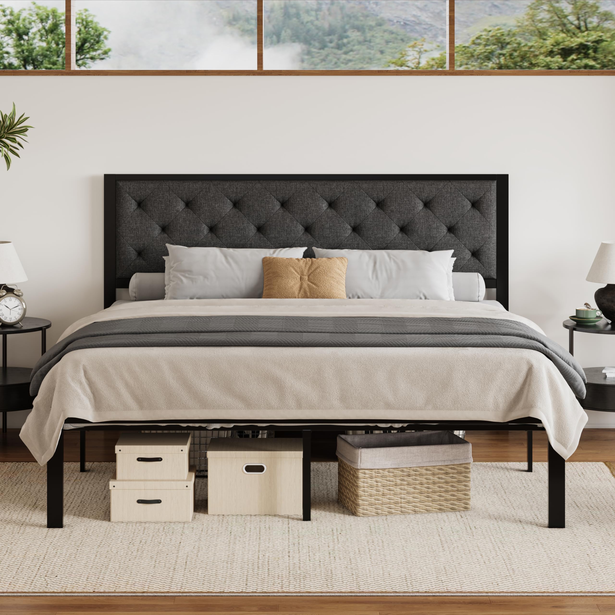 SHA CERLIN King Size Metal Platform Bed Frame with Linen Fabric Upholstered Button Tufted Headboard, Mattress Foundation with 12.4” Storage, No Box Spring Needed, Easy Assembly, Dark Grey