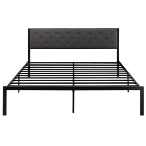 SHA CERLIN King Size Metal Platform Bed Frame with Linen Fabric Upholstered Button Tufted Headboard, Mattress Foundation with 12.4” Storage, No Box Spring Needed, Easy Assembly, Dark Grey