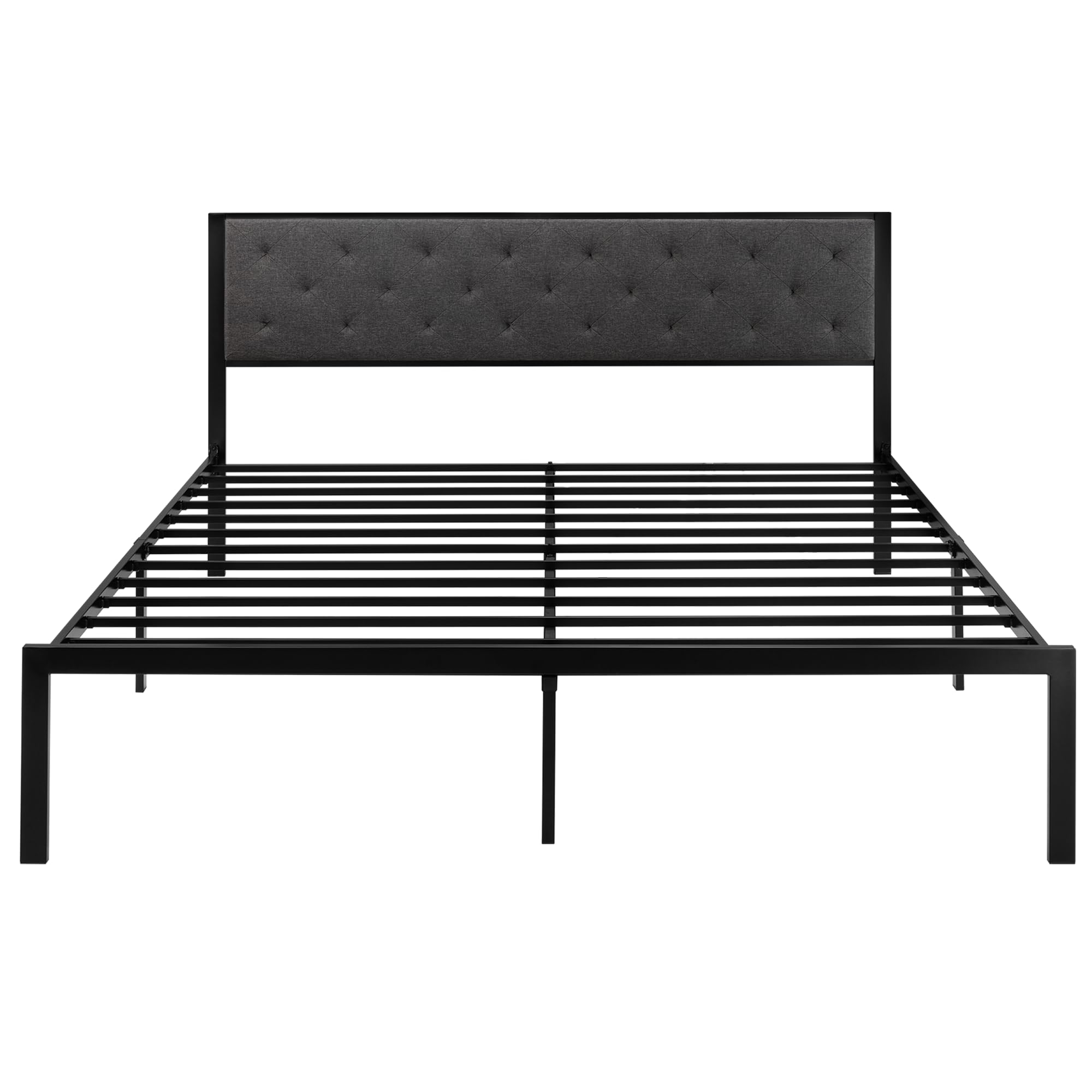 SHA CERLIN King Size Metal Platform Bed Frame with Linen Fabric Upholstered Button Tufted Headboard, Mattress Foundation with 12.4” Storage, No Box Spring Needed, Easy Assembly, Dark Grey