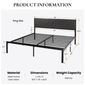 SHA CERLIN King Size Metal Platform Bed Frame with Linen Fabric Upholstered Button Tufted Headboard, Mattress Foundation with 12.4” Storage, No Box Spring Needed, Easy Assembly, Dark Grey