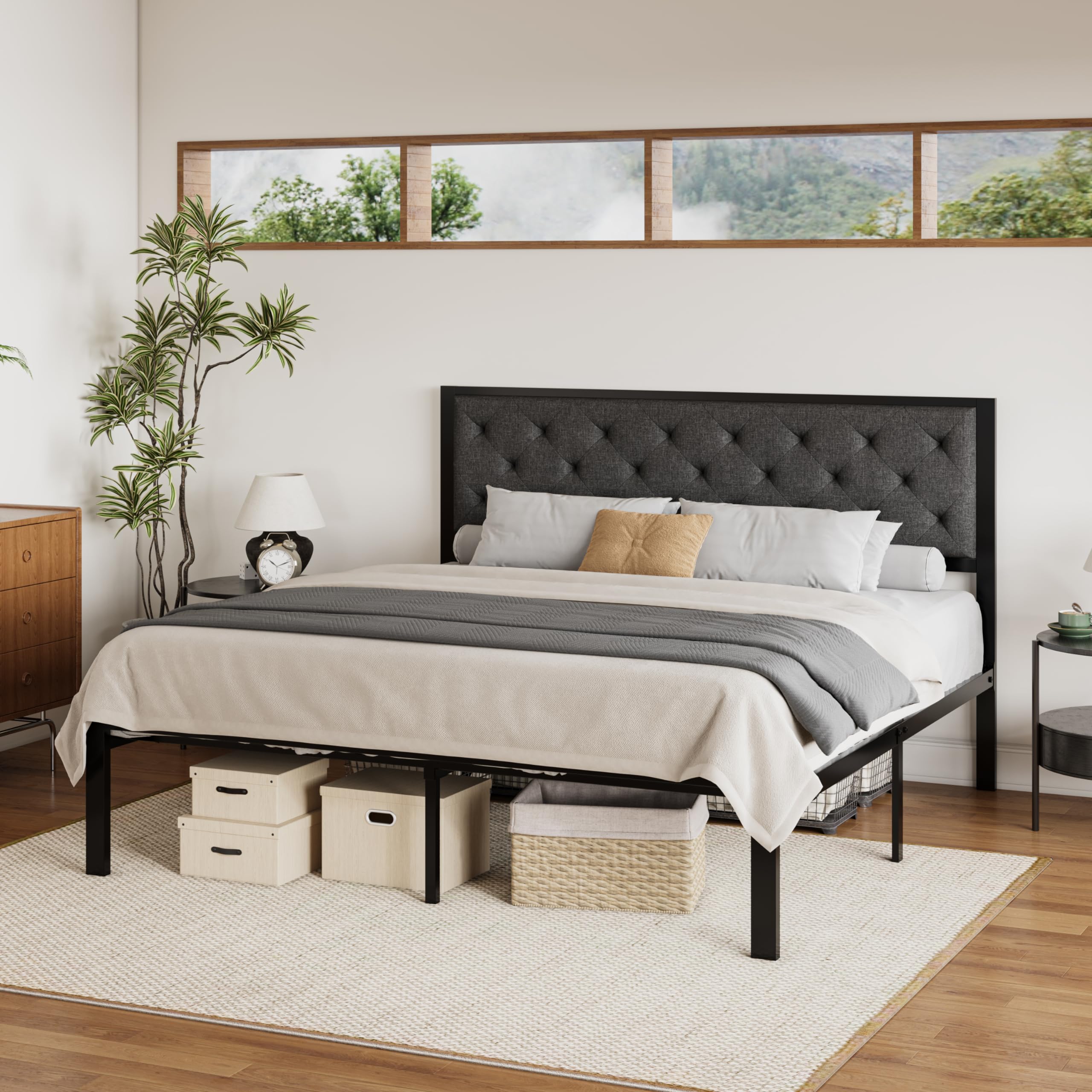 SHA CERLIN King Size Metal Platform Bed Frame with Linen Fabric Upholstered Button Tufted Headboard, Mattress Foundation with 12.4” Storage, No Box Spring Needed, Easy Assembly, Dark Grey