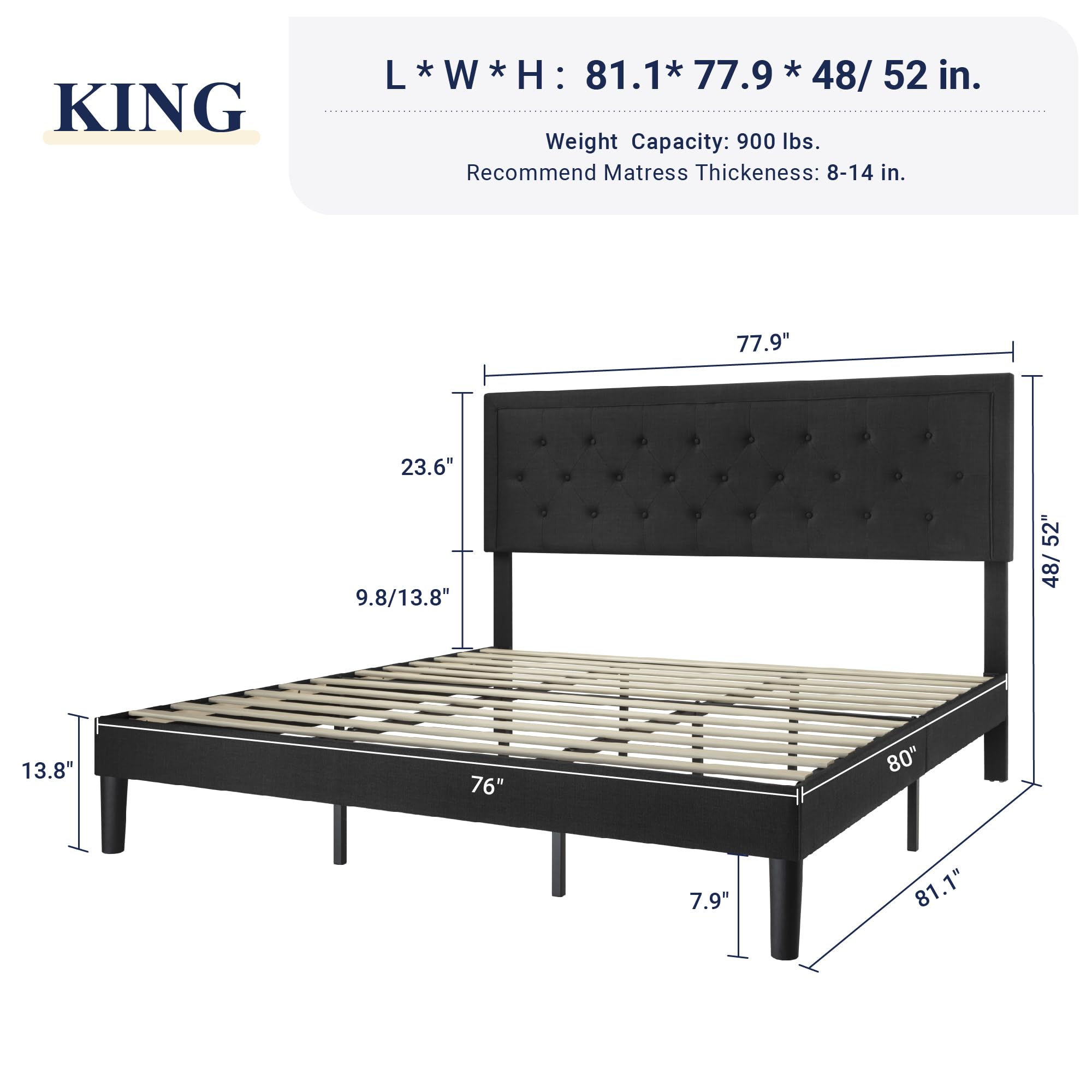 Allewie King Size Bed Frame Upholstered Platform Bed with Adjustable Headboard, Button Tufted, Wood Slat Support, Easy Assembly, Black