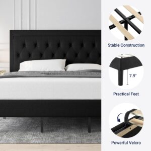 Allewie King Size Bed Frame Upholstered Platform Bed with Adjustable Headboard, Button Tufted, Wood Slat Support, Easy Assembly, Black