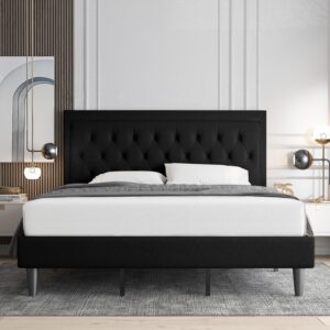 Allewie King Size Bed Frame Upholstered Platform Bed with Adjustable Headboard, Button Tufted, Wood Slat Support, Easy Assembly, Black