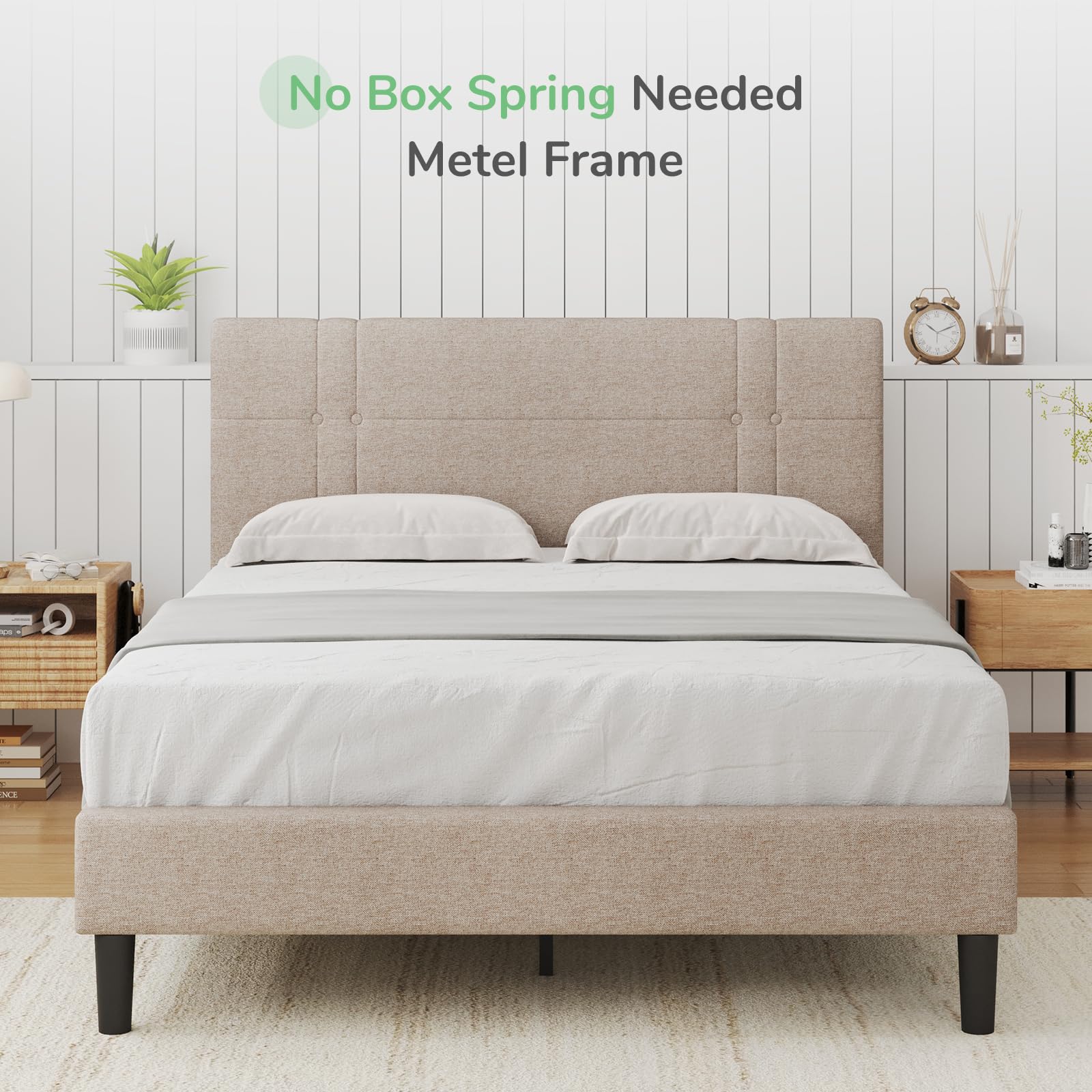 Novilla King Platform Bed Frame for Guests, Platform King Bed Frame with Headboard and Wood Slat Support, King Bed Frame No Box Spring Needed, Easy Assembly, Beige