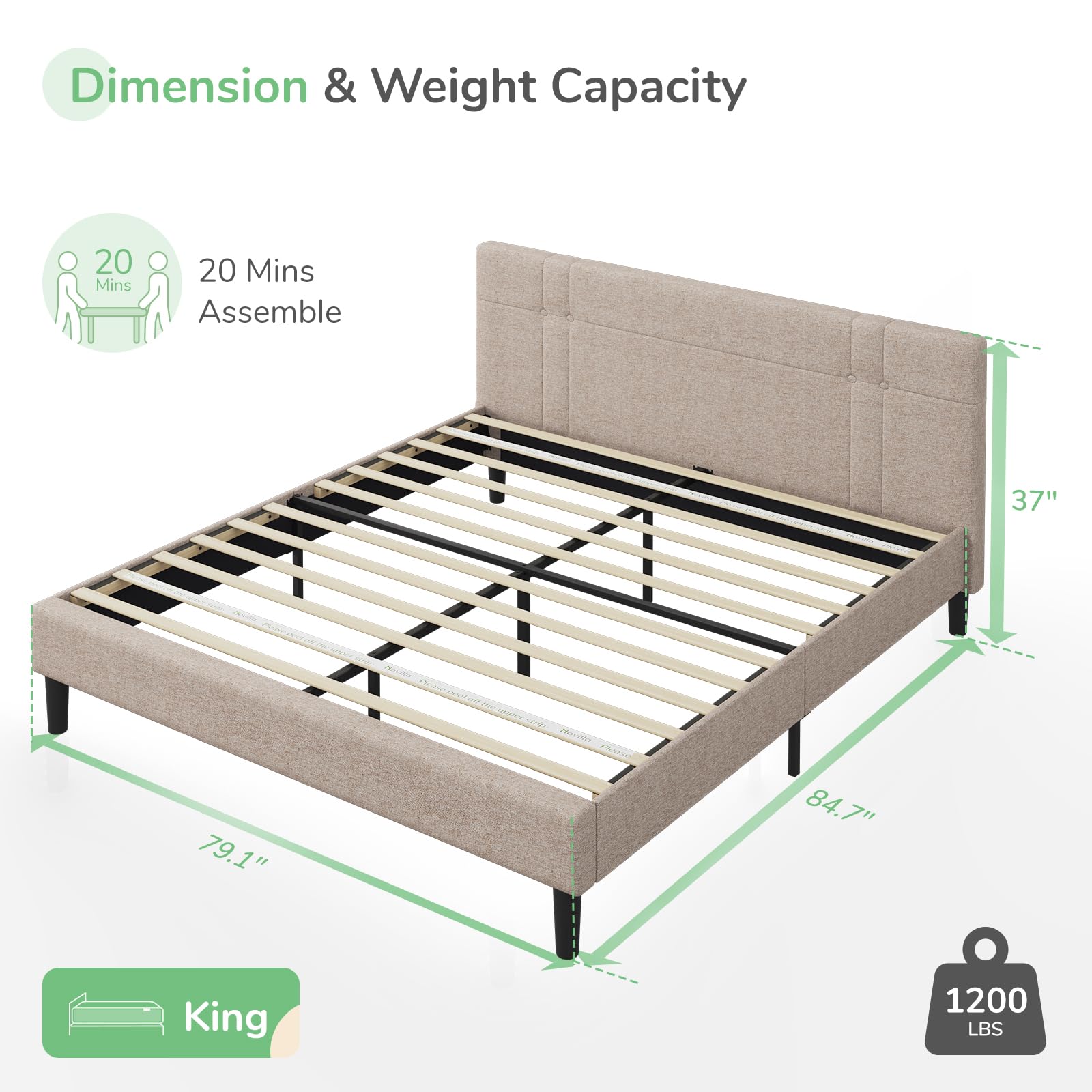 Novilla King Platform Bed Frame for Guests, Platform King Bed Frame with Headboard and Wood Slat Support, King Bed Frame No Box Spring Needed, Easy Assembly, Beige