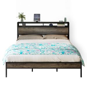 LUXOAK King Size Bed Frame, Platform Bed Frame with 2-Tier Storage Headboard and Charging Station/No Box Spring Needed/Noise Free/Industrial/Rustic Grey