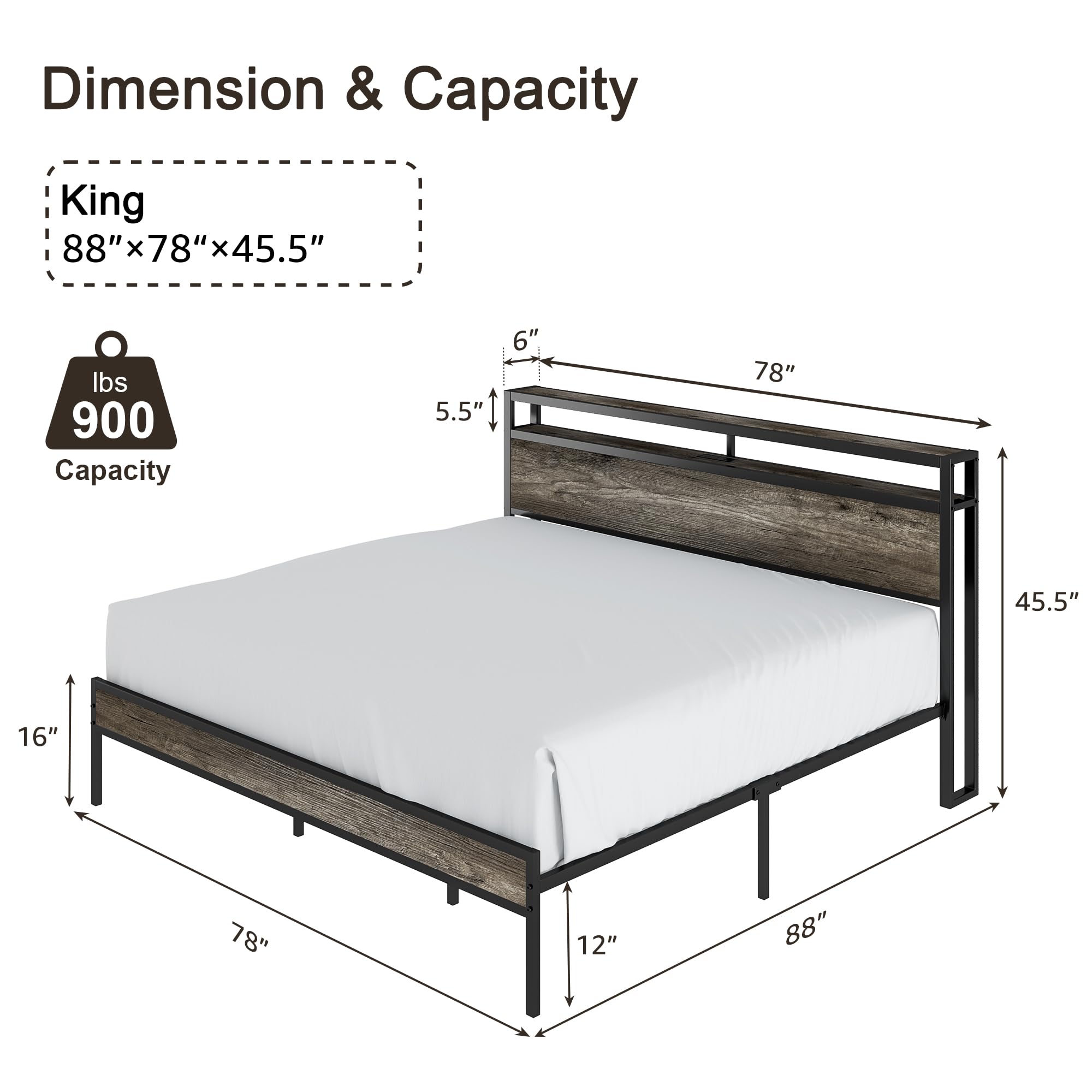 LUXOAK King Size Bed Frame, Platform Bed Frame with 2-Tier Storage Headboard and Charging Station/No Box Spring Needed/Noise Free/Industrial/Rustic Grey