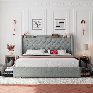 iPormis King Size Bed Frame with 4 Storage Drawers, Upholstered Platform Bed Frame with Type-C & USB Ports, Wingback Storage Headboard, Solid Wood Slats, No Box Spring Needed, Light Gray