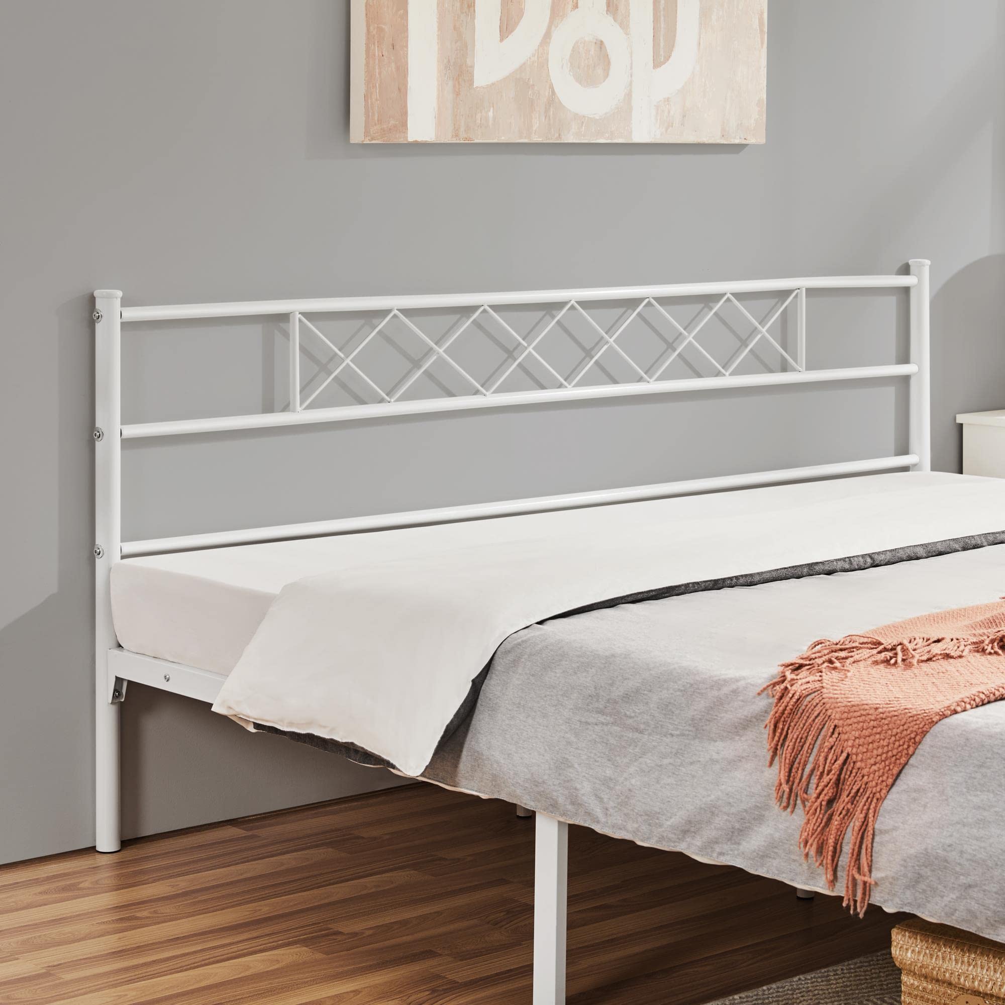 Yaheetech Metal Platform King Bed Frame Mattress Foundation with Headboard and Footboard No Box Spring Needed Under Bed Storage Steel Slats White