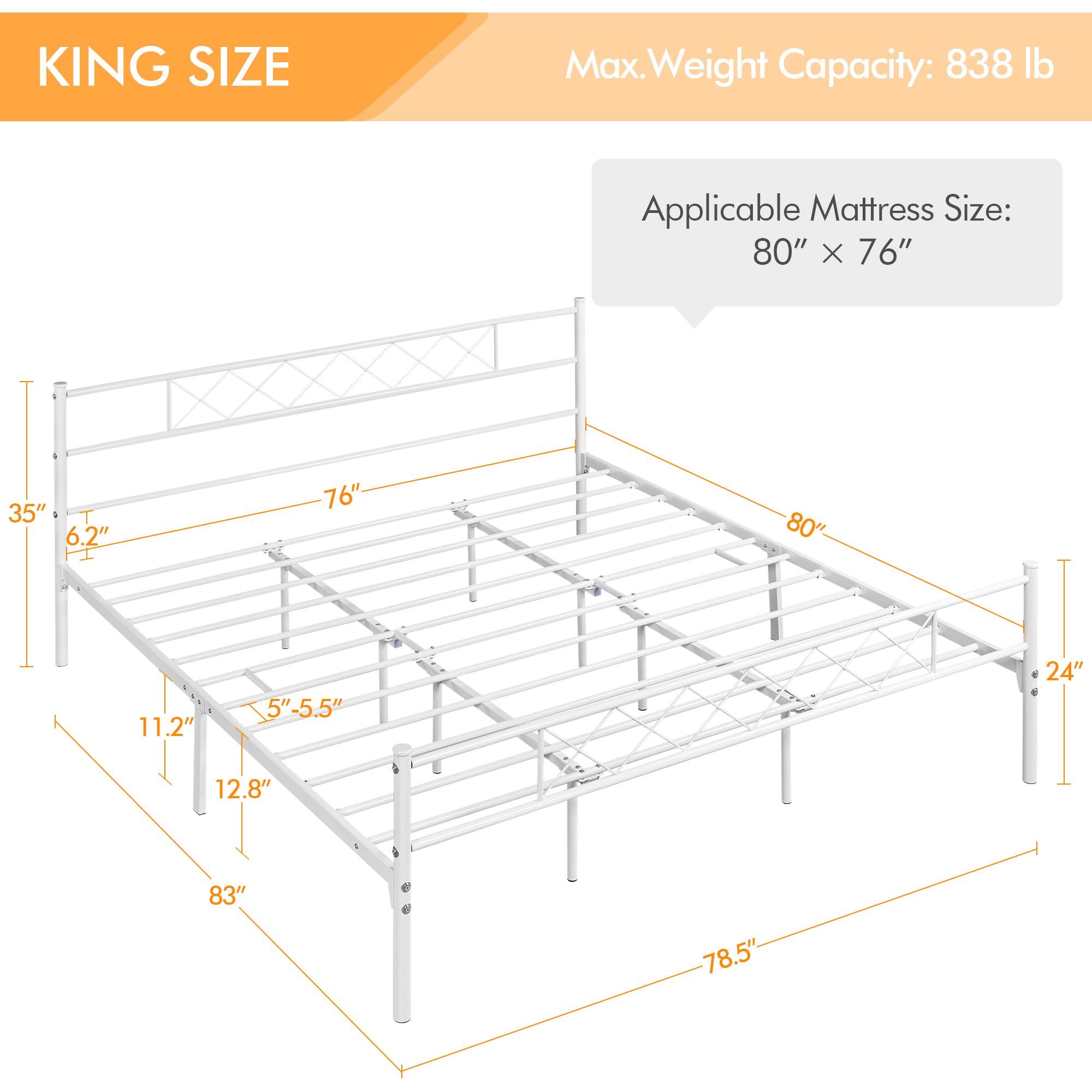 Yaheetech Metal Platform King Bed Frame Mattress Foundation with Headboard and Footboard No Box Spring Needed Under Bed Storage Steel Slats White