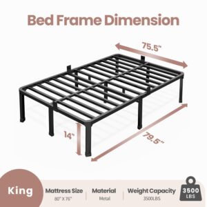 ROIL 14 Inch King Size Bed Frame with Mattress Slide Stopper - Double Black Basic Anti Squeak Steel Slats Metal Platform, Heavy Duty Noise Free Easy Assembly Bedframes, No Box Spring Needed