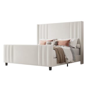 Albott King Size Platform Bed Frame, Upholstered Bed with Vertical Channel Tufted Wingback Headboard & Footboard, Premium Velvet, No Box Spring Needed, Cream