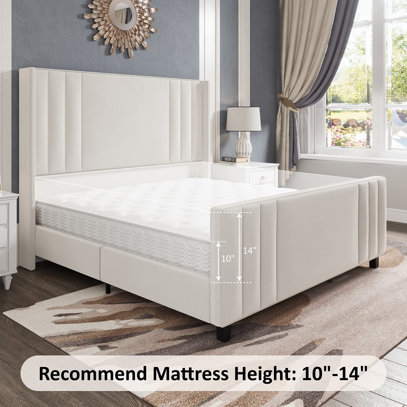 Albott King Size Platform Bed Frame, Upholstered Bed with Vertical Channel Tufted Wingback Headboard & Footboard, Premium Velvet, No Box Spring Needed, Cream