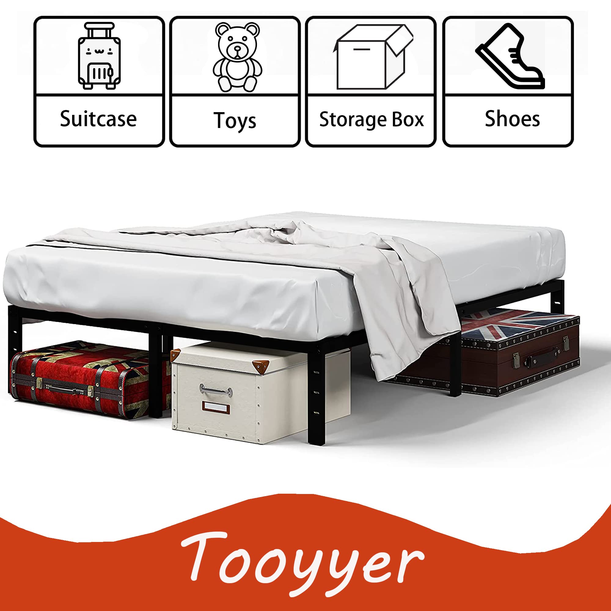 Tooyyer King Bed Frame 14inch High Heavy Duty Steel Slat Maximum 2500 lbs Support for Mattress Foundation No Box Spring Needed Easy to Assemble Non-Slip