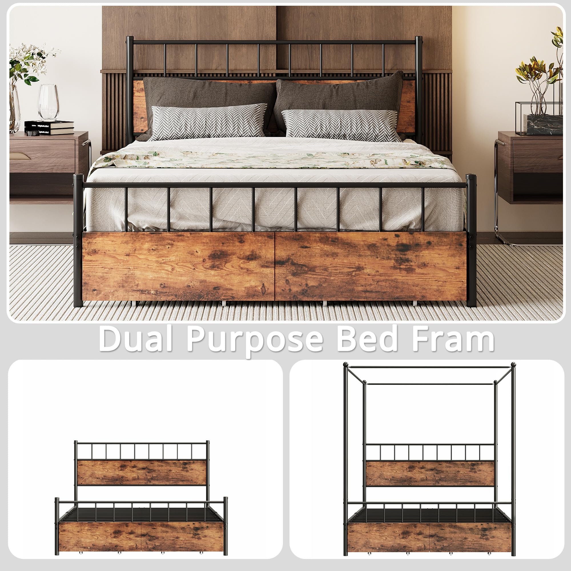 LIKIMIO Canopy Bed Frame Queen with Wooden Headboard and Drawer, Queen Size Bed Frame with 4 Removable Sturdy Posts, Noise Free, No Box Spring Needed, Rustic Brown