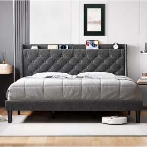 gaomon king size bed frame with charging station and storage shelf, upholstered platform bed with headboard and wingback, button tufted design, no box spring needed, easy assembly, dark grey