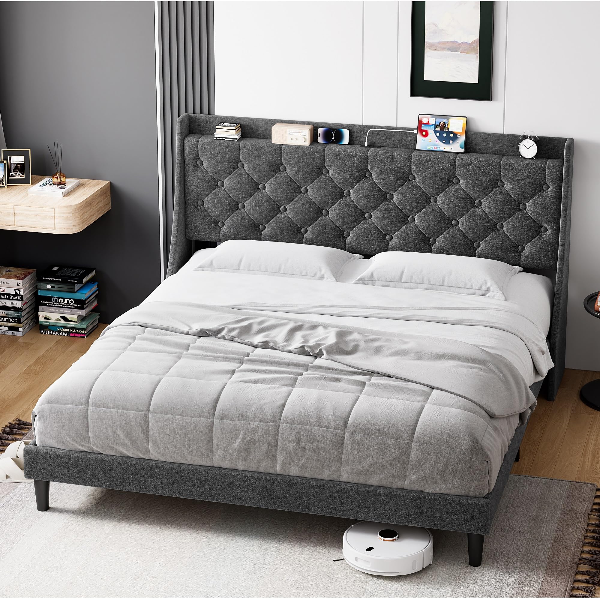 GAOMON King Size Bed Frame with Charging Station and Storage Shelf, Upholstered Platform Bed with Headboard and Wingback, Button Tufted Design, No Box Spring Needed, Easy Assembly, Dark Grey