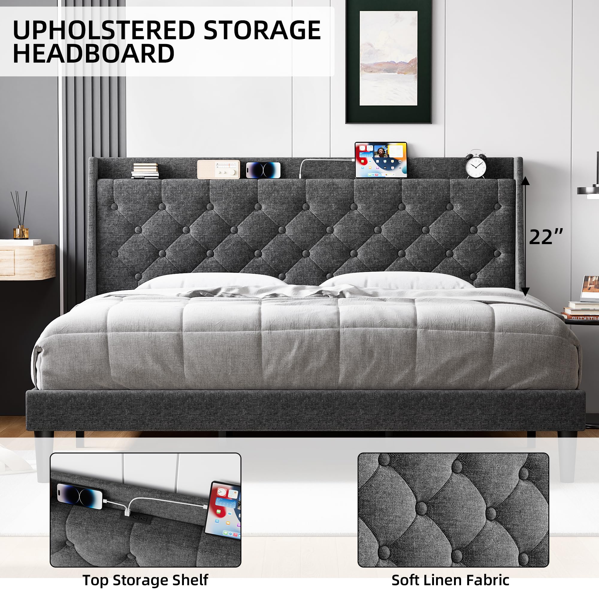 GAOMON King Size Bed Frame with Charging Station and Storage Shelf, Upholstered Platform Bed with Headboard and Wingback, Button Tufted Design, No Box Spring Needed, Easy Assembly, Dark Grey