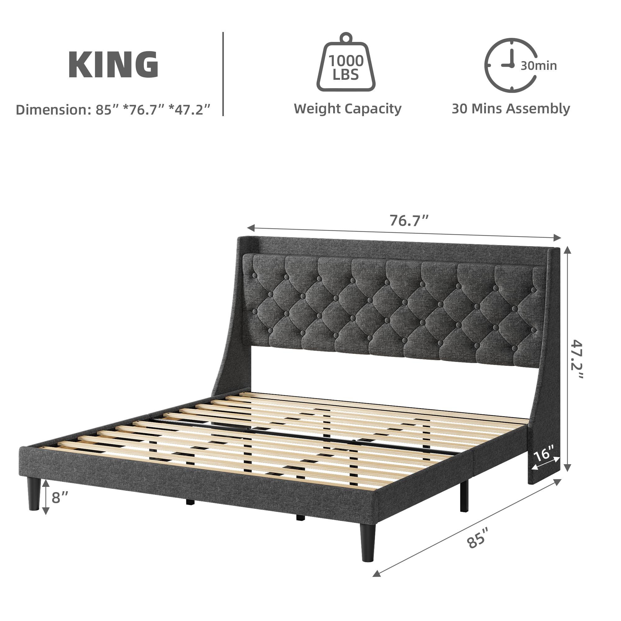 GAOMON King Size Bed Frame with Charging Station and Storage Shelf, Upholstered Platform Bed with Headboard and Wingback, Button Tufted Design, No Box Spring Needed, Easy Assembly, Dark Grey