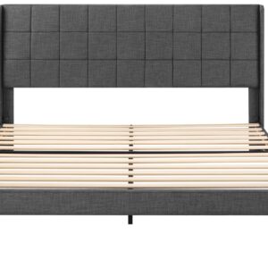 WEEWAY King Size Wingback Upholstered Platform Bed Frame with Box-tufted Stitched Headboard and Wooden Slats/No Box Spring Needed/Easy Assembly, Dark Grey