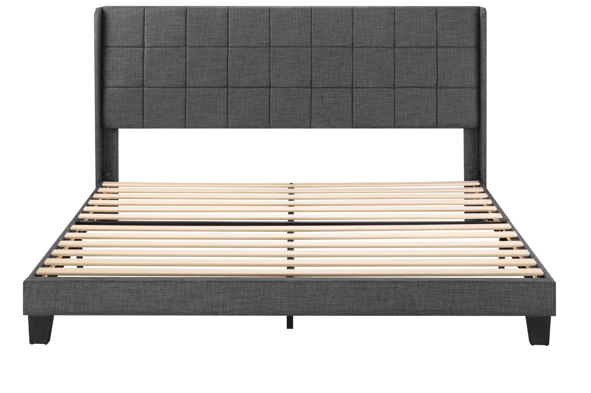 WEEWAY King Size Wingback Upholstered Platform Bed Frame with Box-tufted Stitched Headboard and Wooden Slats/No Box Spring Needed/Easy Assembly, Dark Grey