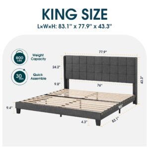 WEEWAY King Size Wingback Upholstered Platform Bed Frame with Box-tufted Stitched Headboard and Wooden Slats/No Box Spring Needed/Easy Assembly, Dark Grey