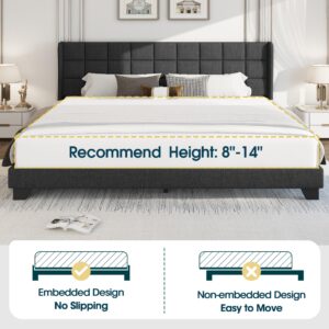 WEEWAY King Size Wingback Upholstered Platform Bed Frame with Box-tufted Stitched Headboard and Wooden Slats/No Box Spring Needed/Easy Assembly, Dark Grey