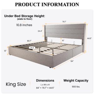 SHA CERLIN King Size Lift Up Storage Bed/Modern Wingback Headboard/Upholstered Platform Bed Frame/Hydraulic Storage/No Box Spring Needed/Wood Slats Support/Light Beige