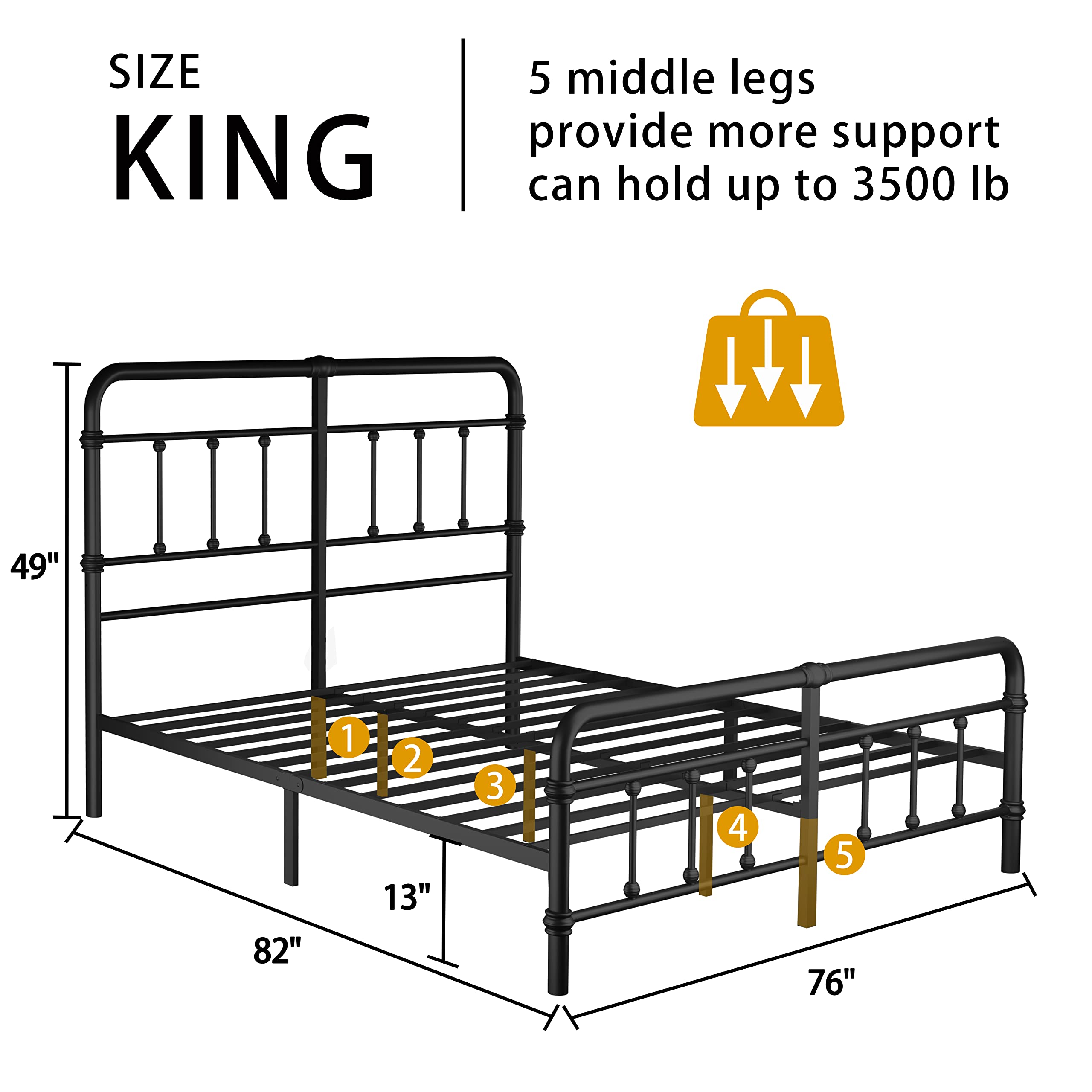 Doletaitan King-Bed-Frame-Metal-Platform Bed Frame with 49" High-Headboard - Solid Quite Easy Set Up Mattress Foundation No Box Spring Needed