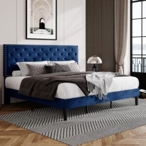 Allewie King Bed Frame, Velvet Upholstered Platform Bed with Adjustable Diamond Button Tufted & Nailhead Trim Headboard, Wood Slat Support, Easy Assembly, No Box Spring Needed, Navy Blue