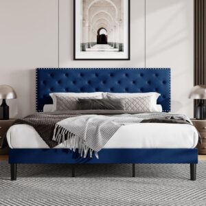 Allewie King Bed Frame, Velvet Upholstered Platform Bed with Adjustable Diamond Button Tufted & Nailhead Trim Headboard, Wood Slat Support, Easy Assembly, No Box Spring Needed, Navy Blue