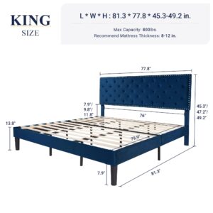 Allewie King Bed Frame, Velvet Upholstered Platform Bed with Adjustable Diamond Button Tufted & Nailhead Trim Headboard, Wood Slat Support, Easy Assembly, No Box Spring Needed, Navy Blue