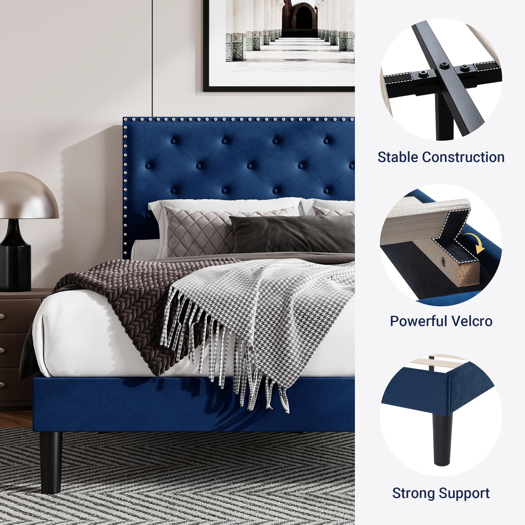 Allewie King Bed Frame, Velvet Upholstered Platform Bed with Adjustable Diamond Button Tufted & Nailhead Trim Headboard, Wood Slat Support, Easy Assembly, No Box Spring Needed, Navy Blue