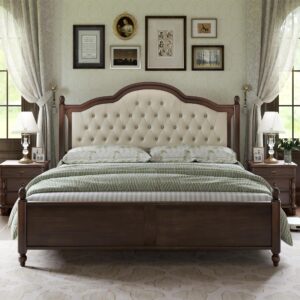 AMERLIFE King Size Solid Wood Bed Frame, Transitional Platform Bed with 52.5" Upholstered Tufted Headboard, Rubberwood/Roman Column Accents/Wood Slat Support/No Box Spring Needed