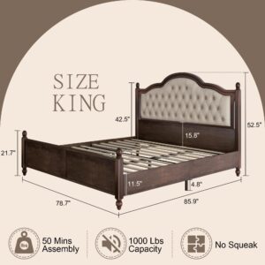 AMERLIFE King Size Solid Wood Bed Frame, Transitional Platform Bed with 52.5" Upholstered Tufted Headboard, Rubberwood/Roman Column Accents/Wood Slat Support/No Box Spring Needed