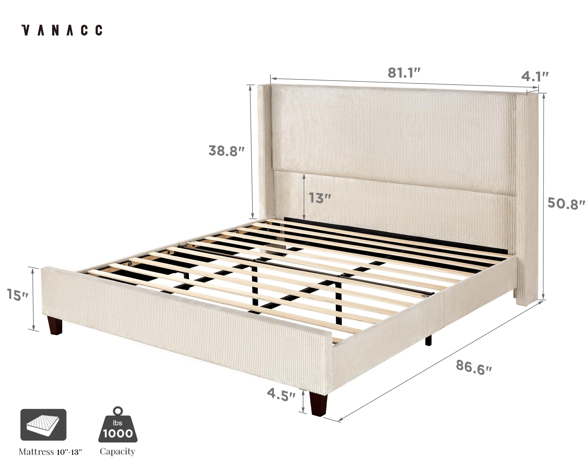 VanAcc King Size Platform Bed Frame, 50.8" Corduroy Upholstered Bed with Vertical Channel Tufted Headboard/Wooden Slats/Wingback/No Box Spring Required/Beige